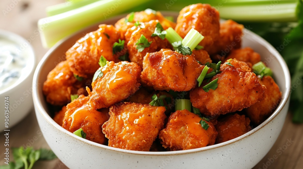 A bowl of nuggets tossed in a spicy buffalo sauce, garnished with celery sticks and served with a side of blue cheese dressing A bowl of nuggets tossed in a spicy buffalo sauce, garnished with celery sticks and served with a side of blue cheese dressing