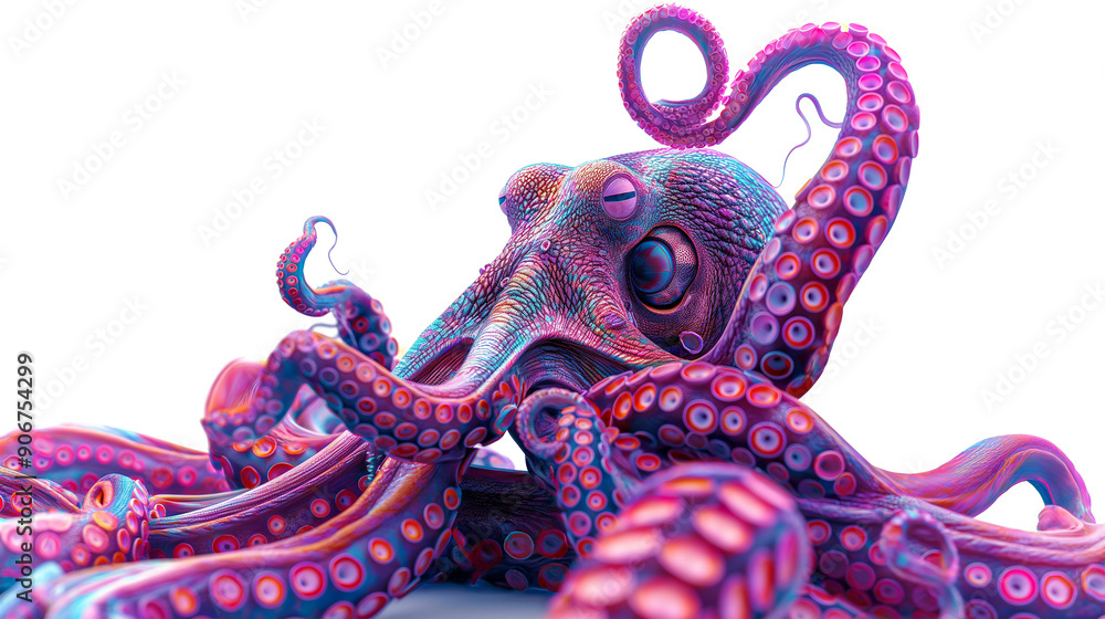 Obraz premium A purple octopus with blue and green spots isolated on a transparent background