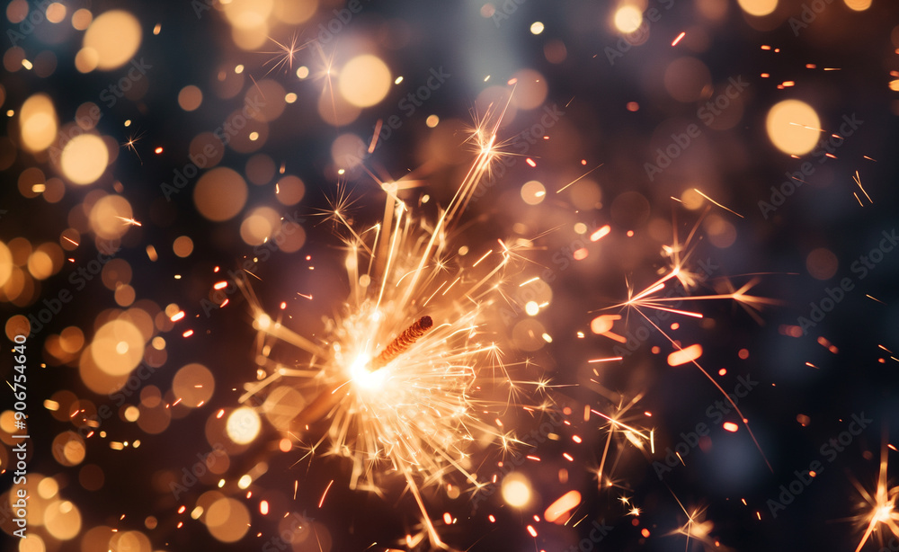 Obraz premium A sparker emitting bright sparks against a backdrop of colorful bokeh lights, capturing a festive celebration atmosphere.