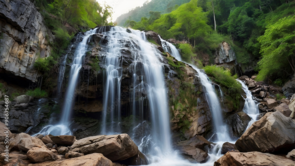 Fototapeta premium Beautiful mountain waterfalling background image and use it as your wallpaper. Ai generative