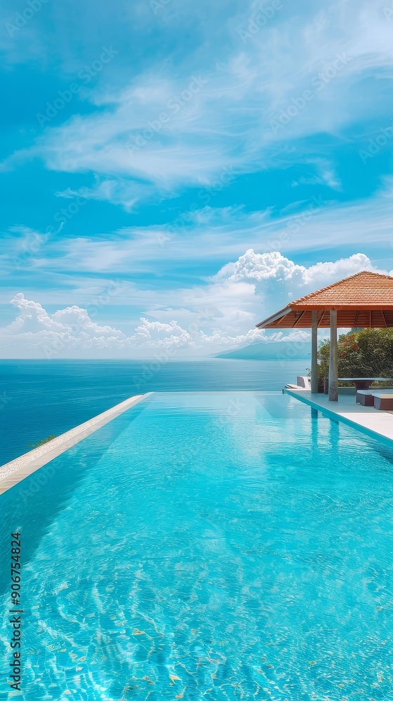 Fototapeta premium Infinity pool overlooking the ocean, breathtaking view, luxury resort