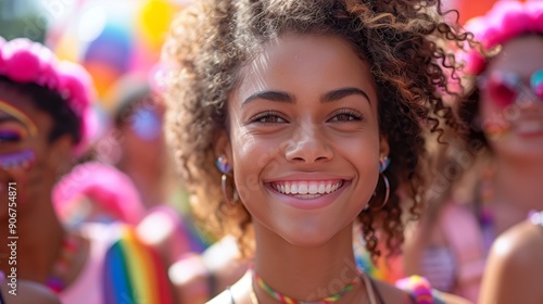 Happy Woman at Pride Festival. Happy woman with curly hair smiling at a pride festival, surrounded by colorful decorations and people celebrating LGBTQ+ pride.