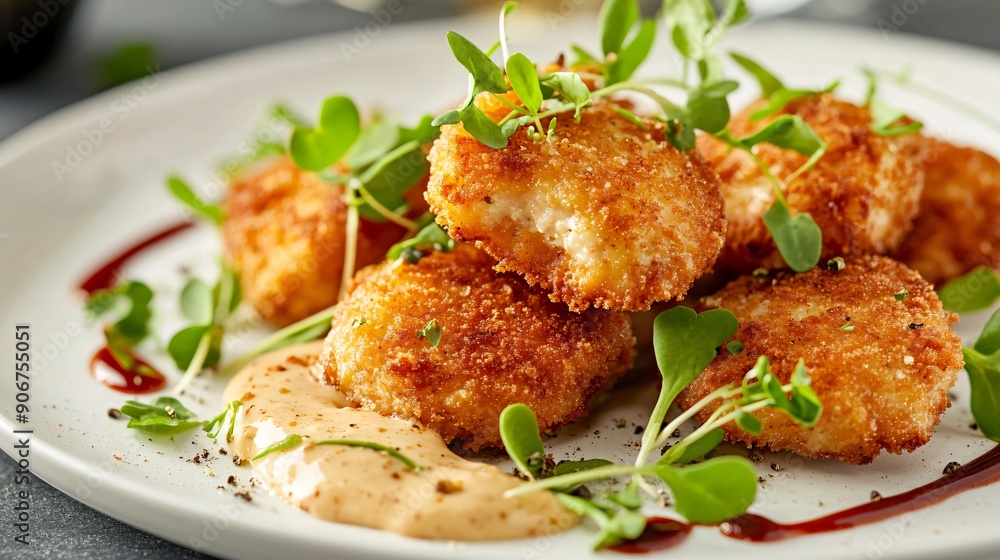 A gourmet version of chicken nuggets, served on a white plate with a drizzle of aioli and garnished with microgreens A gourmet version of chicken nuggets, served on a white plate with a drizzle of aioli and garnished with microgreens
