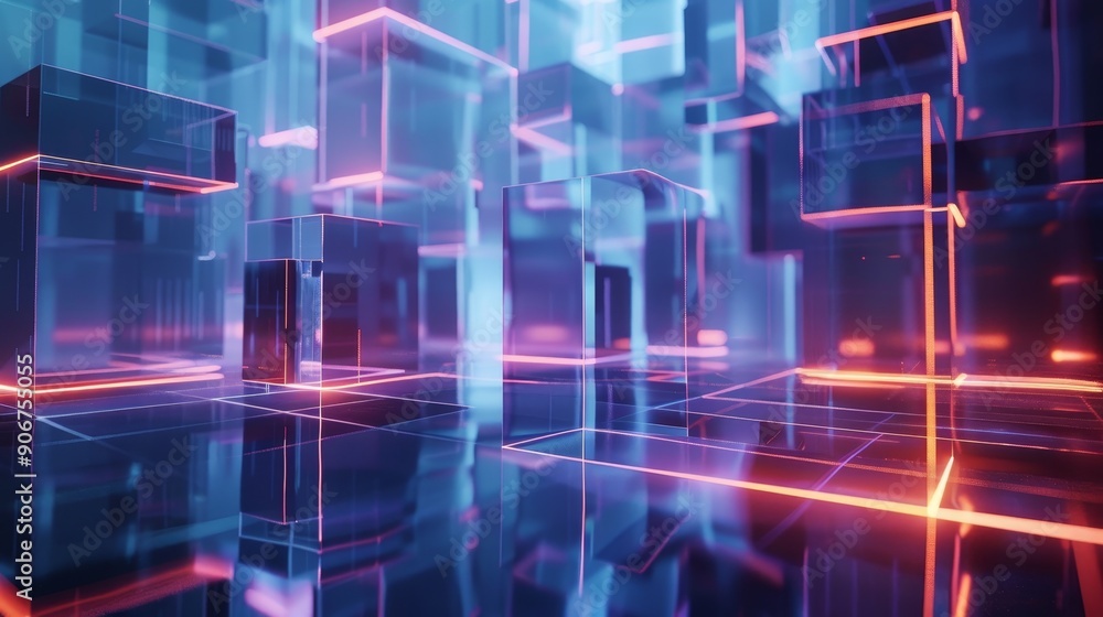 Abstract futuristic cityscape with glowing neon lines and reflections. Digital art. Abstract futuristic cityscape with glowing neon lines and reflections. Digital art.