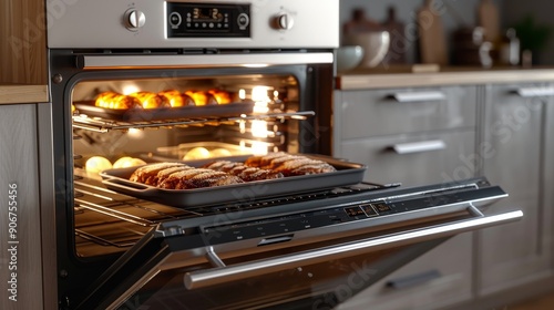 A modern stainless steel oven with the door open, revealing a roast and potatoes cooking inside.
