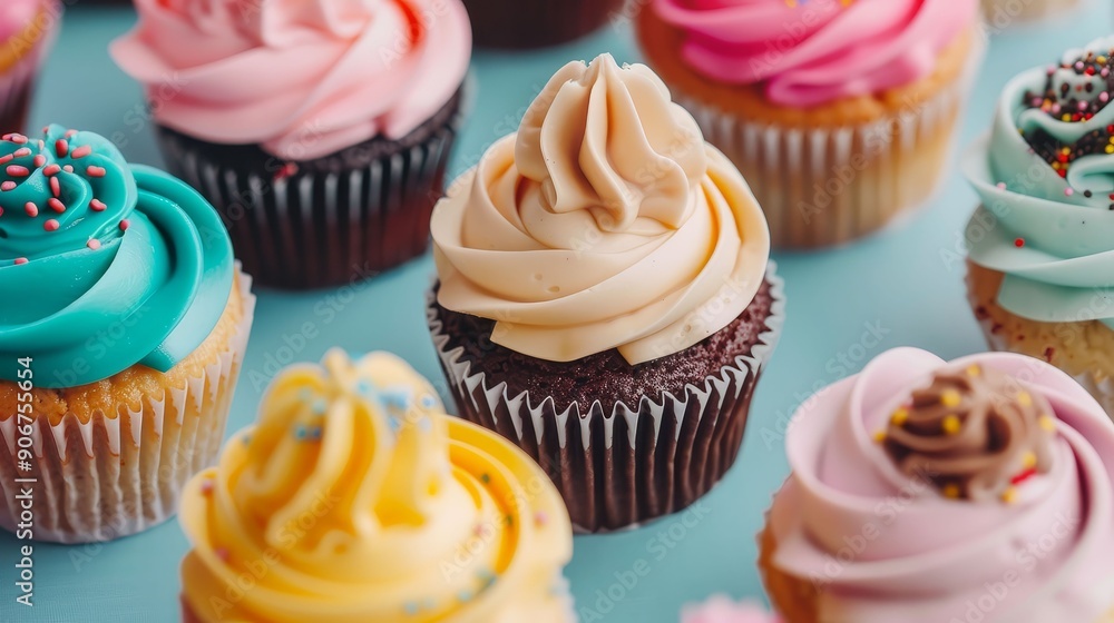 Rows of cupcakes with decorative icing, festive dessert, food fest Rows of cupcakes with decorative icing, festive dessert, food fest