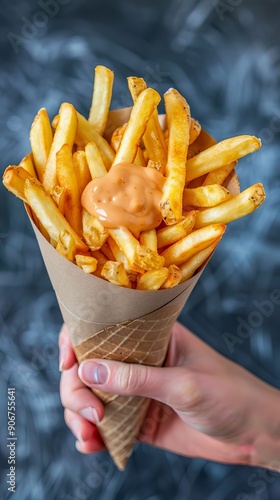 Hands holding a cone of Belgian fries with sauce, crispy treat, street delight photo