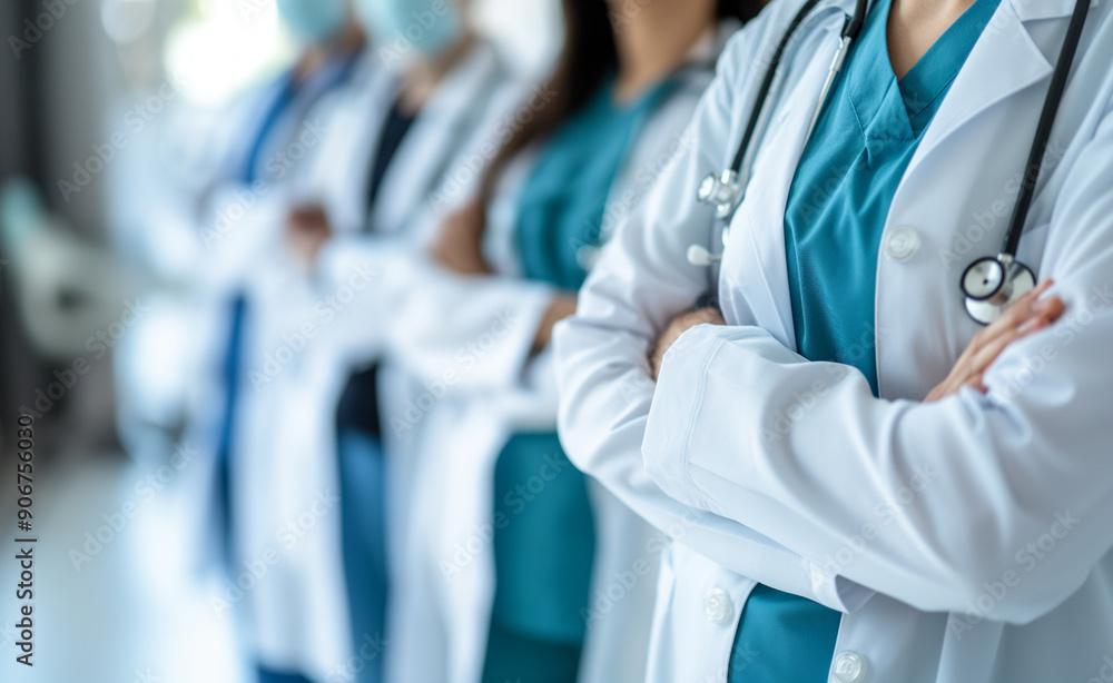 A diverse group of doctors in white coats standing in a line, showcasing teamwork and professionalism in healthcare. A diverse group of doctors in white coats standing in a line, showcasing teamwork and professionalism in healthcare.