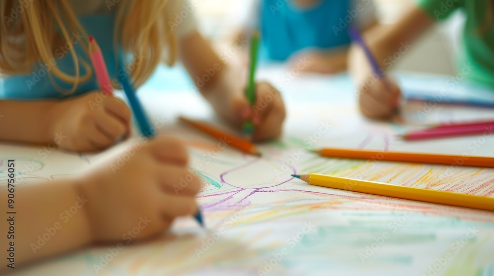 Kids drawing on a large piece of paper, creative collaboration, artistic study