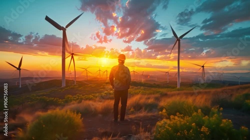 A man in a hard hat saw a wind farm, or wind park, with tall wind turbines to harness the power of the wind to generate electricity at dusk.