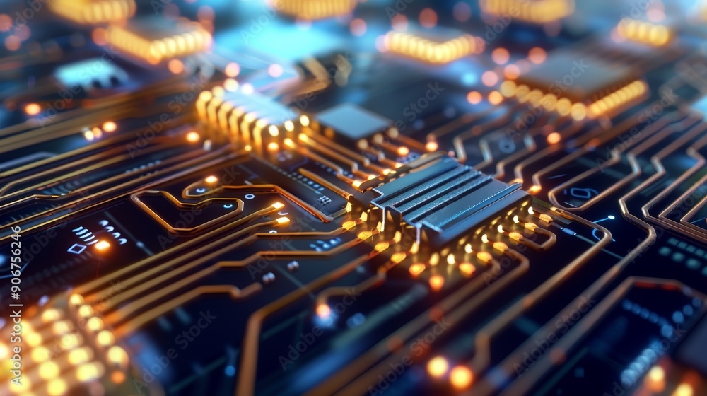 Obraz premium Close-up of a circuit board with glowing copper traces and a central processor. The image evokes technology, innovation, and the future.