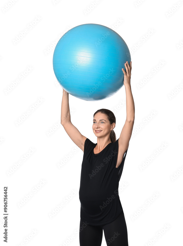 Beautiful pregnant woman with fitball doing exercises on white background Beautiful pregnant woman with fitball doing exercises on white background