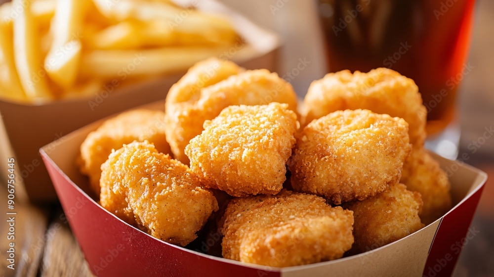 Chicken nuggets in a fast-food container, with fries and a soft drink in the background, ready for a quick meal Chicken nuggets in a fast-food container, with fries and a soft drink in the background, ready for a quick meal