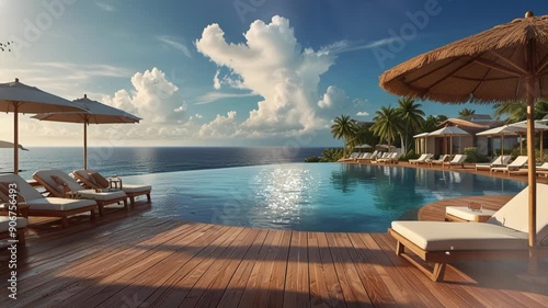 luxury resort with water pool on the beach. Seamless looping 4k video animation