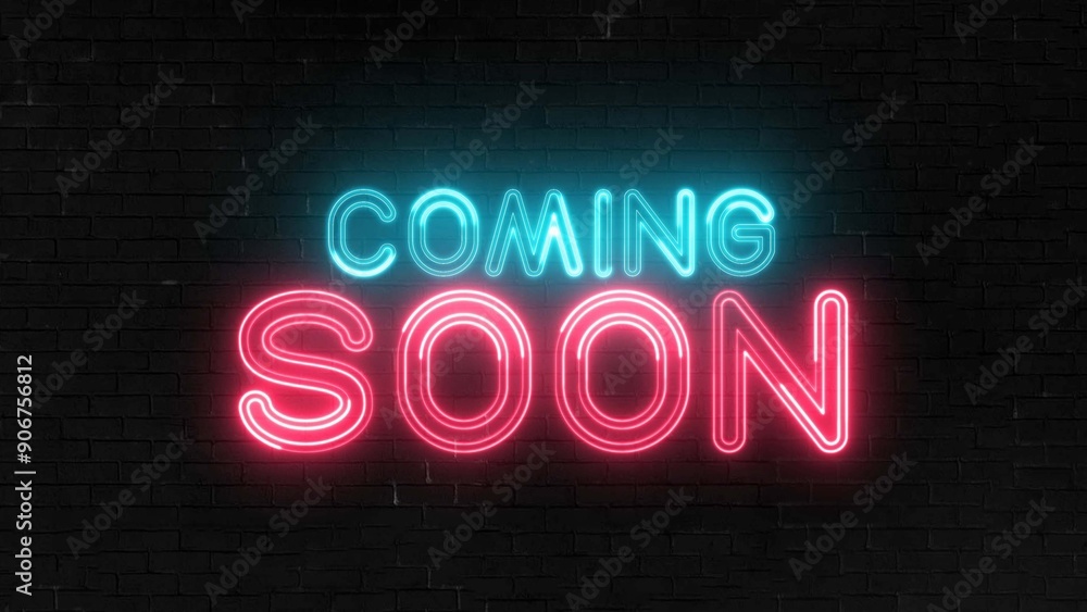 Obraz premium Coming Soon text font with light. Luminous and shimmering haze inside the letters of the text Coming Soon. Coming Soon neon sign. 