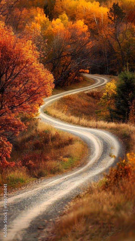 Fototapeta premium Country road winding through a forest with fall colors, fall foliage, rural beauty
