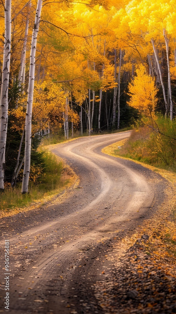 Fototapeta premium Country road winding through a forest with fall colors, fall foliage, rural beauty