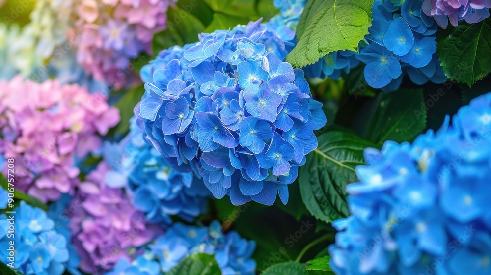 Beautiful hydrangea flowers in shades of blue and pink with lush green leaves in the background Beautiful hydrangea flowers in shades of blue and pink with lush green leaves in the background