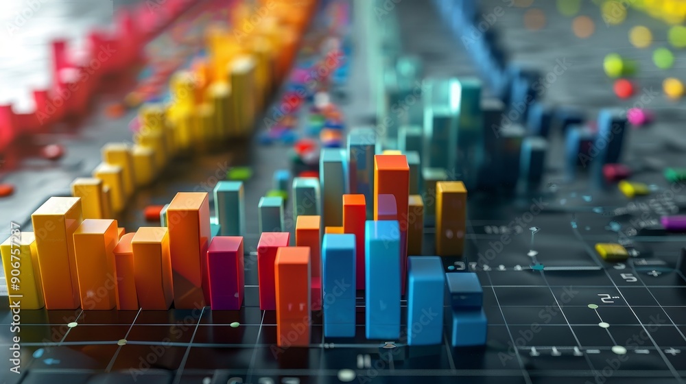 Colorful 3D bar graph representing data and growth, with a focus on a cluster of bars in the foreground. Colorful 3D bar graph representing data and growth, with a focus on a cluster of bars in the foreground.