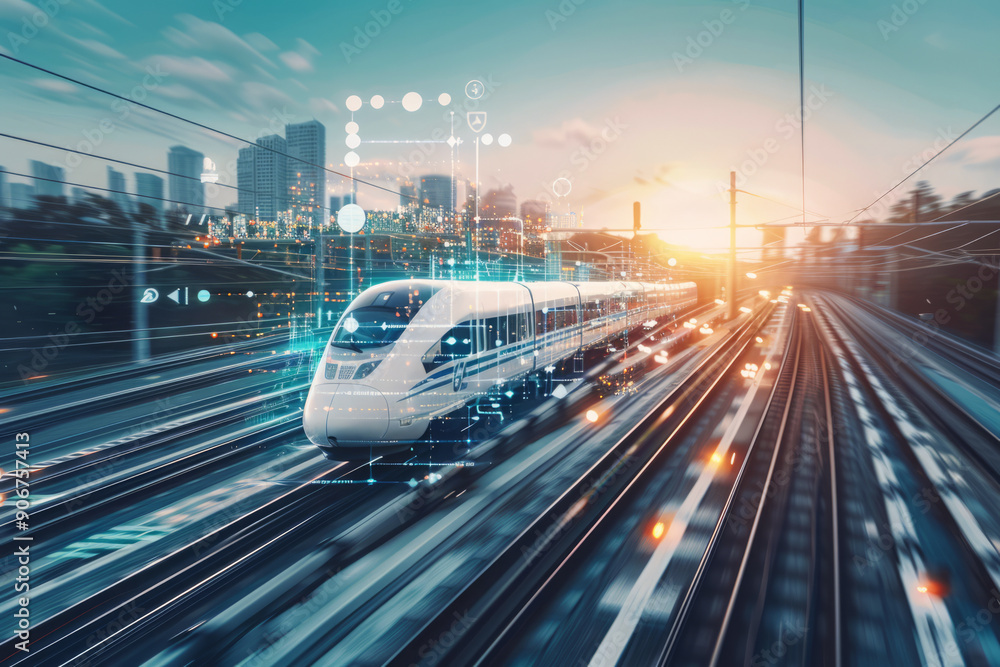 High speed train traveling through futuristic city with augmented reality data. Concept of smart transportation with digital railway