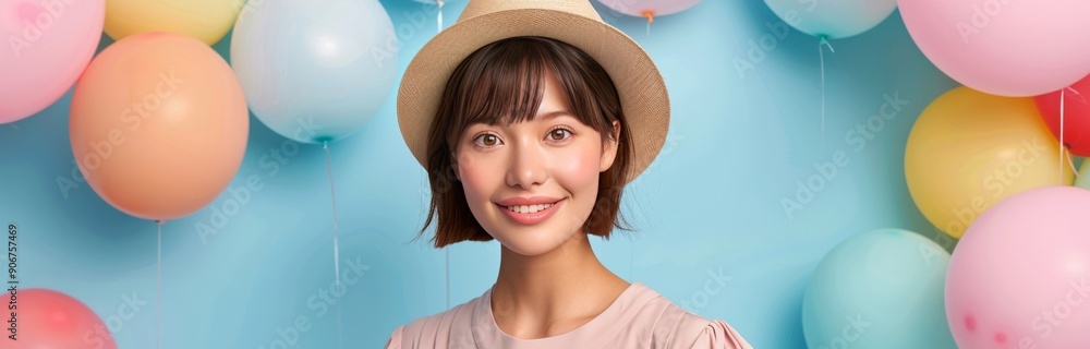 Young Woman Smiling With Balloons in a Bright Room During a Celebration Young Woman Smiling With Balloons in a Bright Room During a Celebration