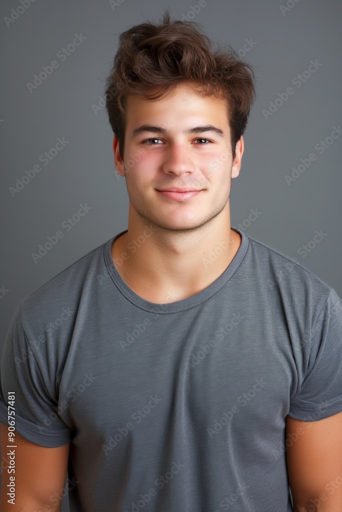 Cheerful young student with a confident smile, exuding positivity and charm in a casual t-shirt. Cheerful young student with a confident smile, exuding positivity and charm in a casual t-shirt.