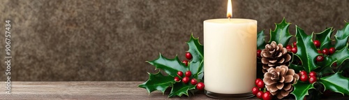 A beautifully decorated Christmas candle surrounded by holly leaves