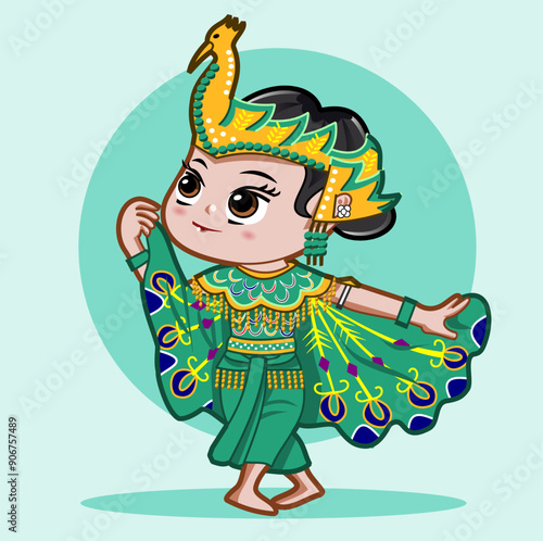 CIMAHI, INDONESIA-AUGUST 2, 2024-An Indonesian cute chibi kawaii girl does merak dance wear traditional costume dress. Character illustration for collection, poster,background,wallpaper,sticker. photo