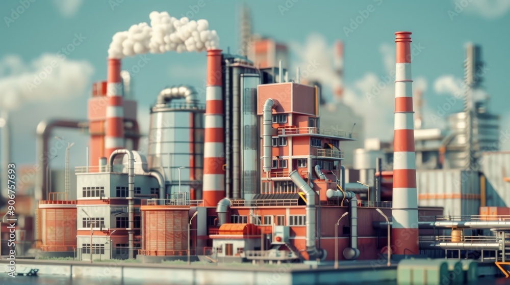 Obraz premium A large industrial factory with tall smokestacks billowing smoke against a blue sky. The factory is surrounded by a cityscape.