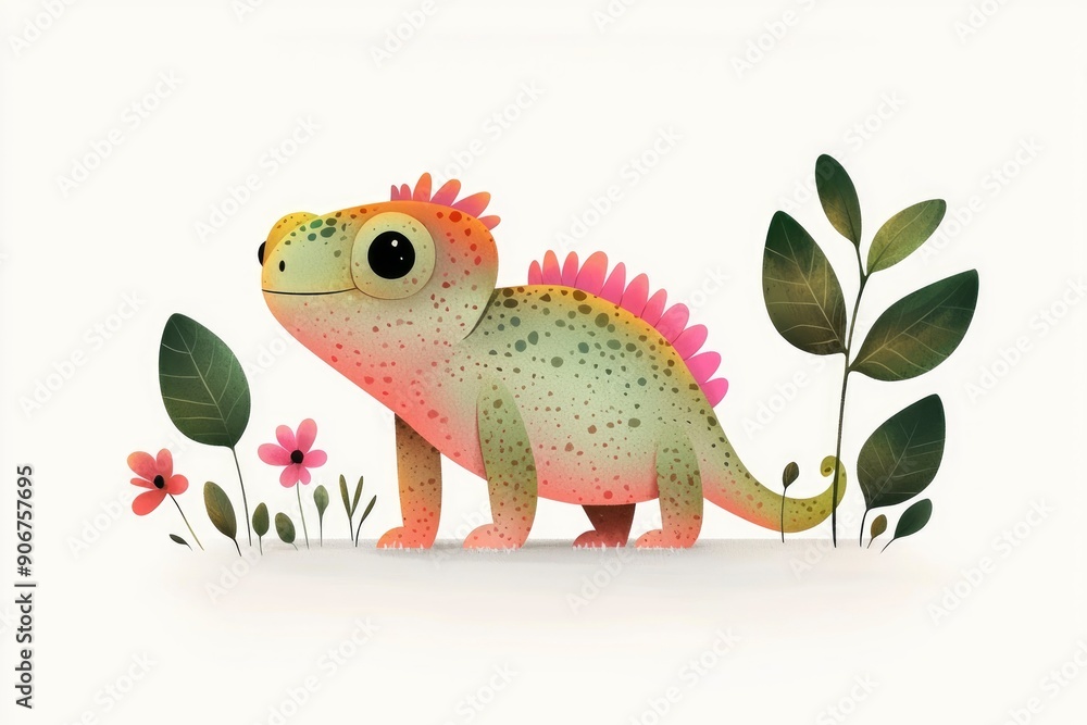Fototapeta premium Cute Cartoon Lizard with Pink Spikes and Big Eyes