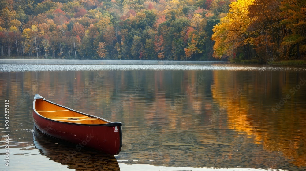 Canoe on a lake surrounded by autumn trees, fall foliage, outdoor recreation Canoe on a lake surrounded by autumn trees, fall foliage, outdoor recreation
