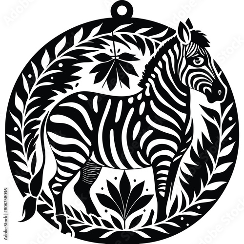 Black and White Illustration of a Zebra in a Circular Frame with Foliage