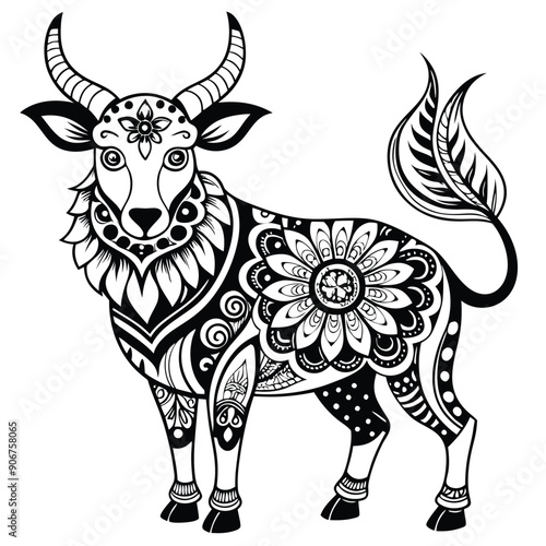 Ornate Black and White Illustration of a Bull with Floral Patterns