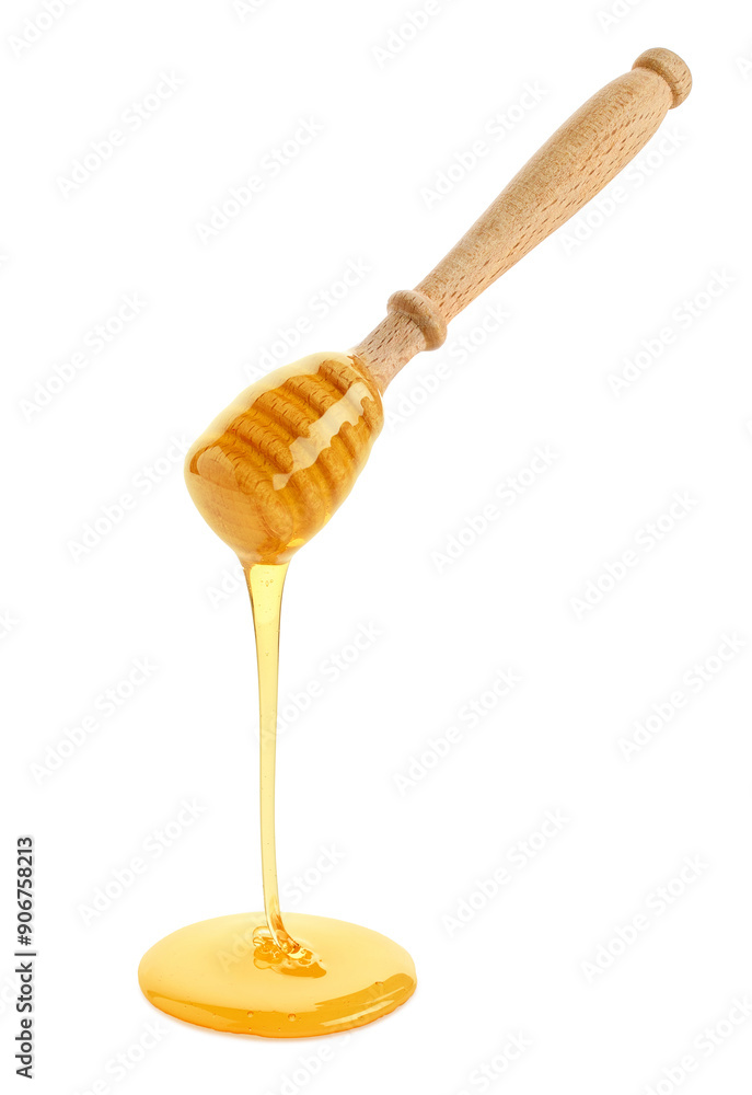 Wooden honey dipper with honey drop and splash on white background Wooden honey dipper with honey drop and splash on white background