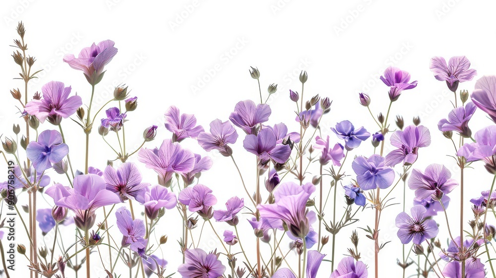 Delicate purple flowers with thin stems on a white background. Delicate purple flowers with thin stems on a white background.
