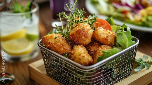 Chicken nuggets served in a rustic metal basket, with a side of fresh salad and a glass of lemonade