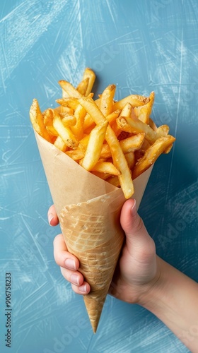 Hands holding a cone of Belgian fries with sauce, crispy treat, street delight photo