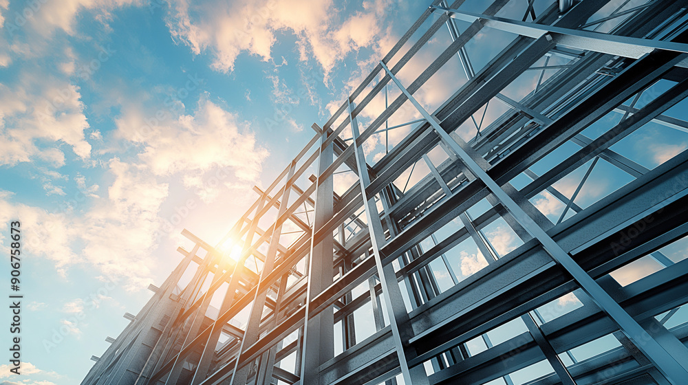 Fototapeta premium Steel framework of a building under construction with the sun shining through, representing architectural development and engineering.