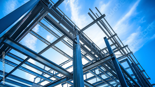 Steel framework of a building under construction with the sun shining through, representing architectural development and engineering.