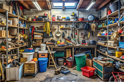 A messy garage with many tools and supplies. The garage is cluttered and disorganized, with many items scattered around. The atmosphere is chaotic and unkempt
