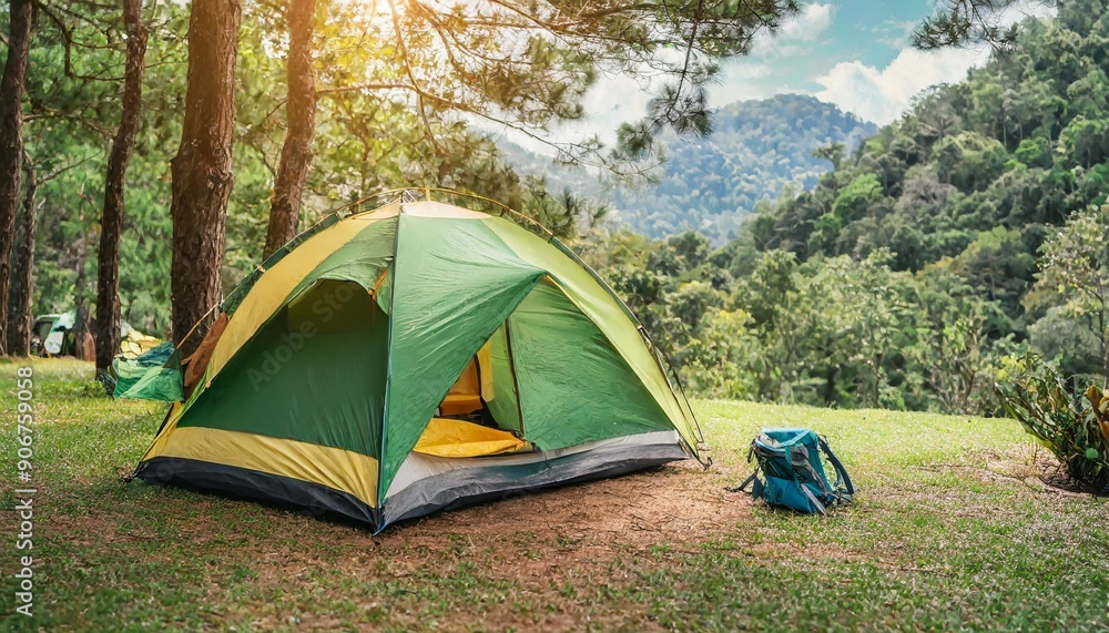 Camping picnic green tent campground in outdoor hiking forest. Camper while campsite in nature background at summer trip camp. Adventure Travel Vacation concept Camping picnic green tent campground in outdoor hiking forest. Camper while campsite in nature background at summer trip camp. Adventure Travel Vacation concept