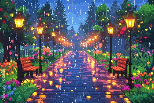 Rainy Night in a Pixelated Park