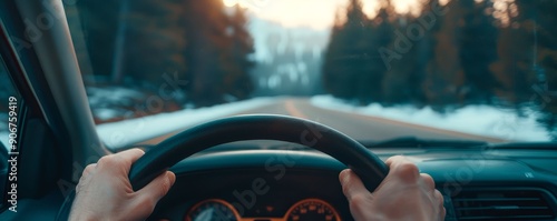 Closeup of a dashboard with a scenic view ahead, on the road, travel vibes photo