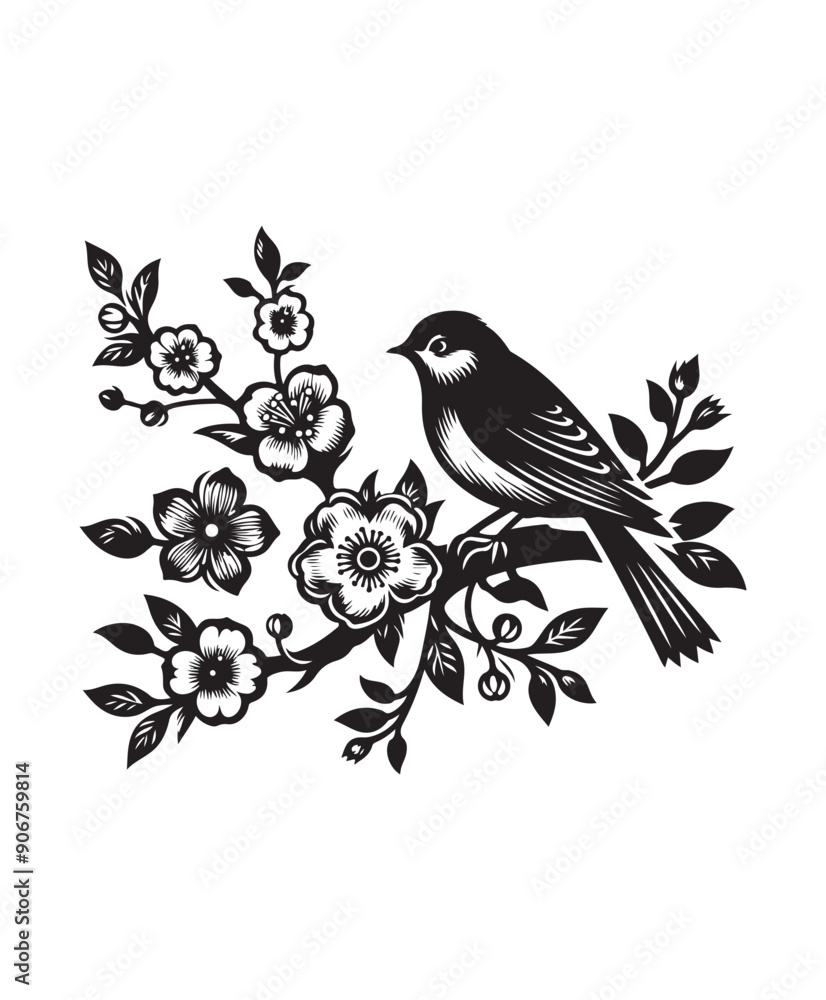 A bird on a flower branch vector style, black and white color A bird on a flower branch vector style, black and white color