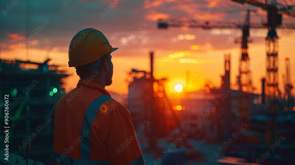 An engineer and a construction team can be seen working in silhouette at a construction site against a soft, pastel sunset backdrop in an industry setting with light competition An engineer and a construction team can be seen working in silhouette at a construction site against a soft, pastel sunset backdrop in an industry setting with light competition