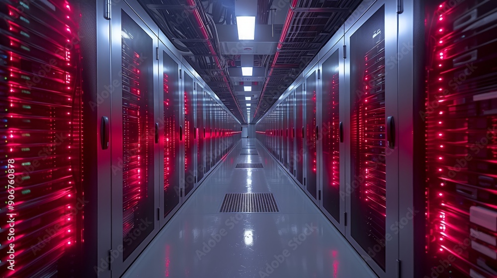 Rows of server racks glow with red lights in a modern data center corridor at night. Rows of server racks glow with red lights in a modern data center corridor at night.