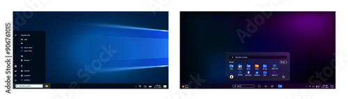 Modern operating systems window in blue and purple style with user interface and programs. Start menu with office software. Desktop with applications.