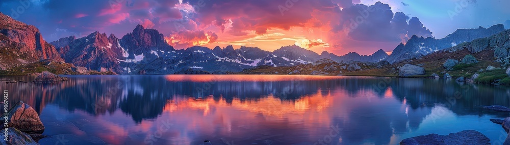 Fototapeta premium Stunning Sunset Over Serene Mountain Lake with Dramatic Sky and Reflections in Calm Water