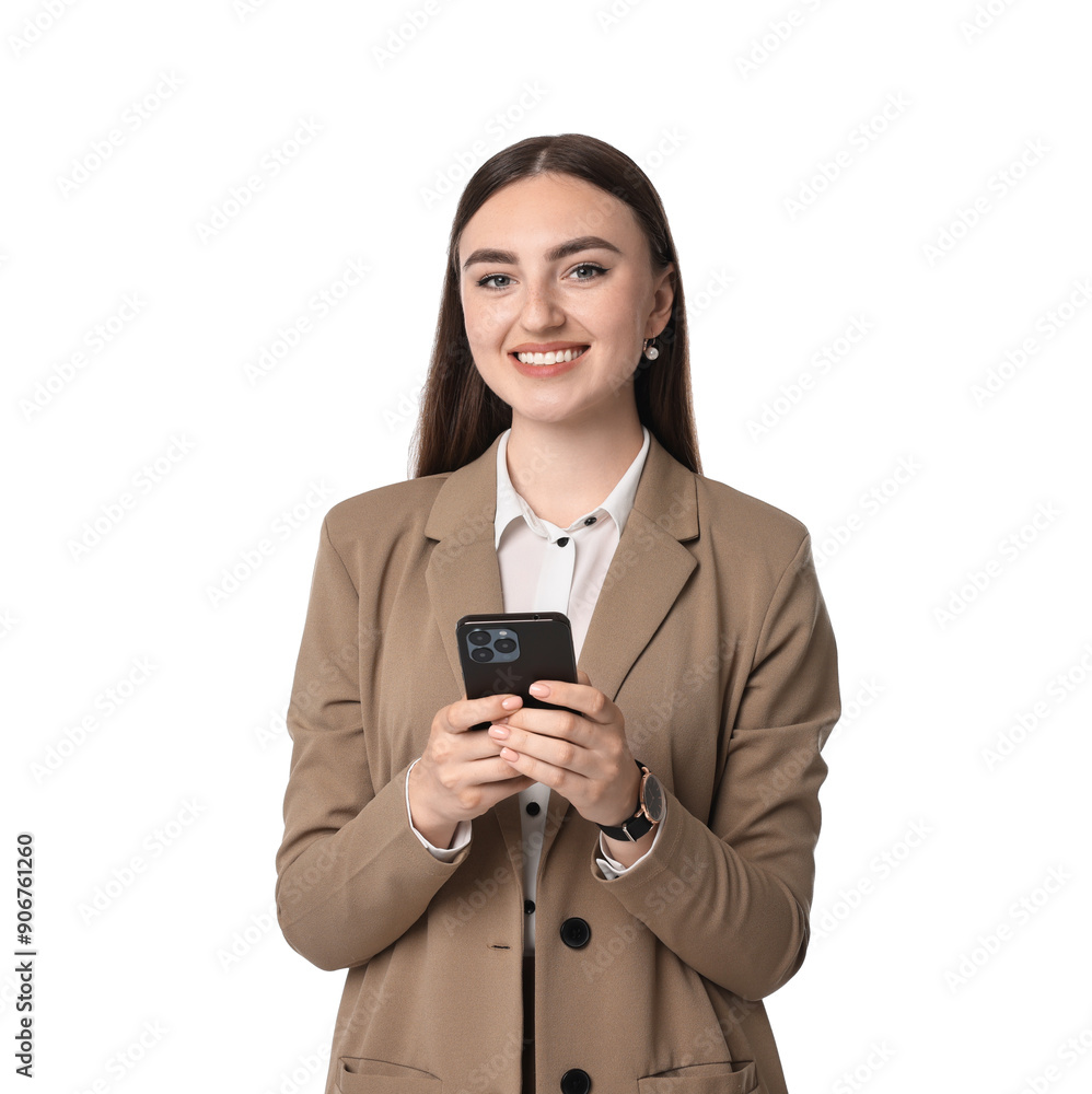 Beautiful woman in beige suit with smartphone on white background Beautiful woman in beige suit with smartphone on white background