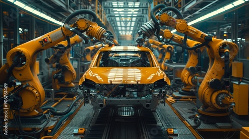 Assembly line and car assembly line with robots welding car steel in a car factory